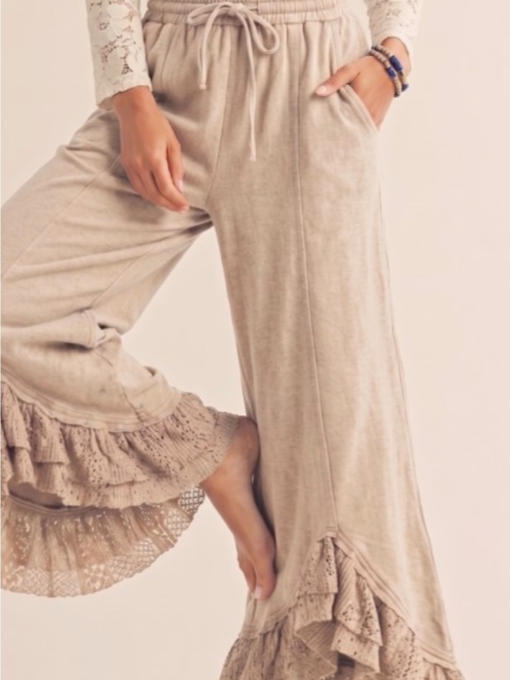 Lov Lov Bohemian Ruffle Hem Wide-Leg Pants - Beige Size M